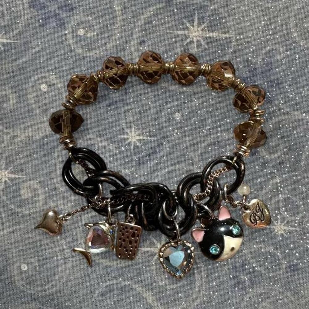 Vintage Betsey Johnson Cat Fish Charm Bracelet Y2K Crystal Black Chain